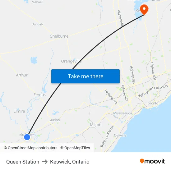 Queen Station to Keswick, Ontario map