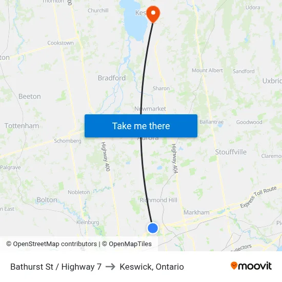 Bathurst St / Highway 7 to Keswick, Ontario map