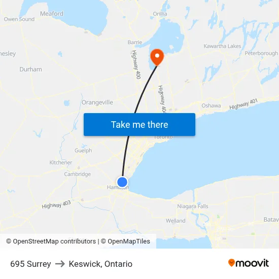 695 Surrey to Keswick, Ontario map