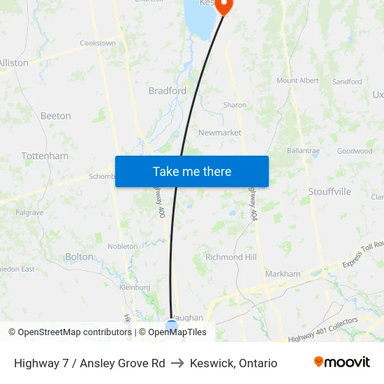 Highway 7 / Ansley Grove Rd to Keswick, Ontario map