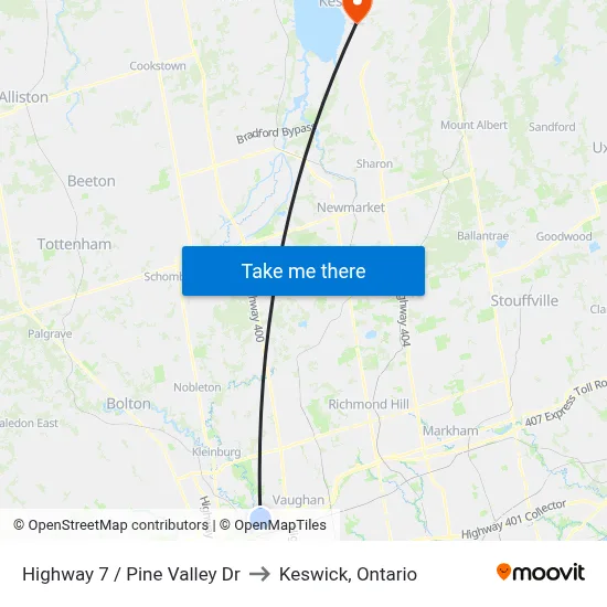 Highway 7 / Pine Valley Dr to Keswick, Ontario map