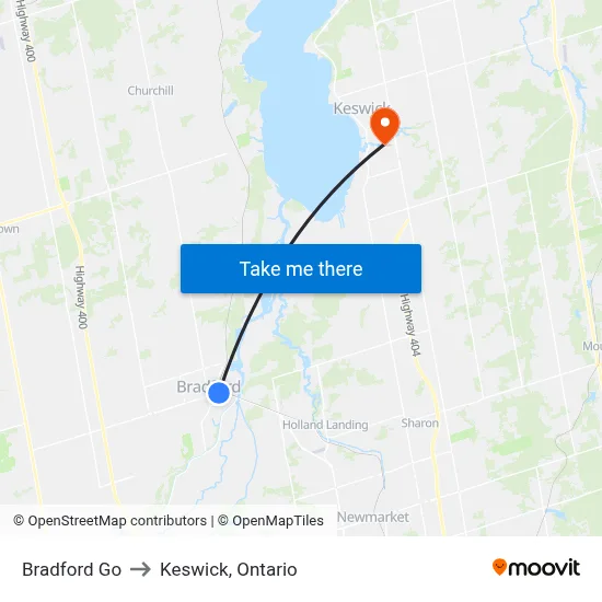 Bradford Go to Keswick, Ontario map