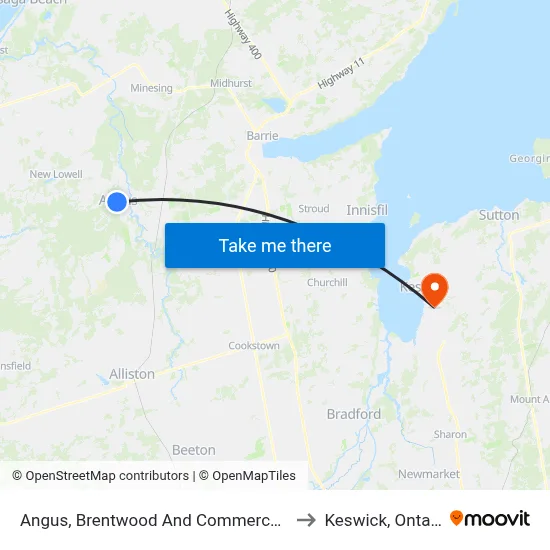 Angus, Brentwood And Commerce Rd. to Keswick, Ontario map
