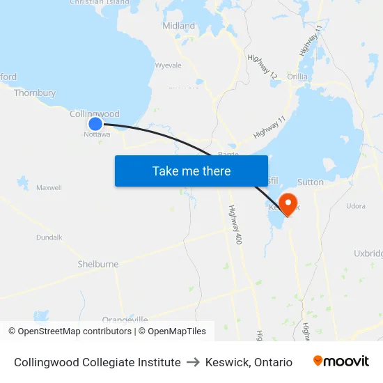 Collingwood Collegiate Institute to Keswick, Ontario map