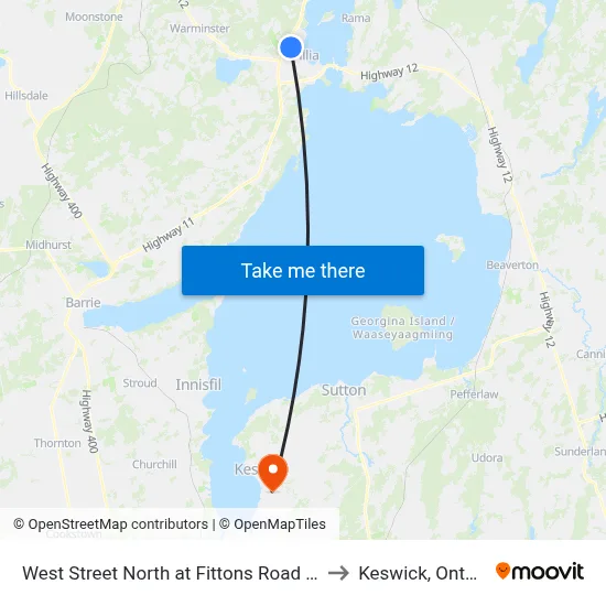 West Street North at Fittons Road East to Keswick, Ontario map