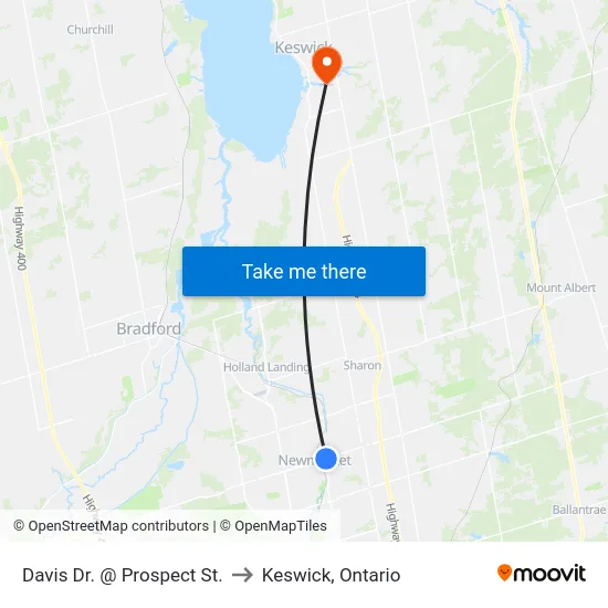 Davis Dr. @ Prospect St. to Keswick, Ontario map
