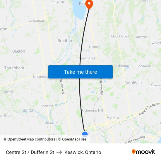 Centre St / Dufferin St to Keswick, Ontario map