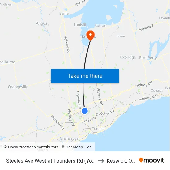 Steeles Ave West at Founders Rd (York University) to Keswick, Ontario map