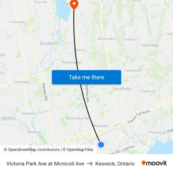 Victoria Park Ave at Mcnicoll Ave to Keswick, Ontario map