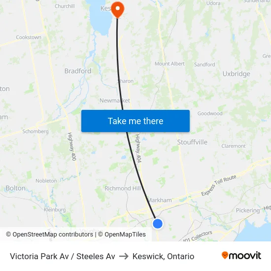Victoria Park Av / Steeles Av to Keswick, Ontario map