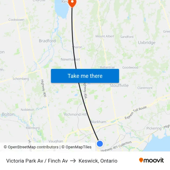 Victoria Park Av / Finch Av to Keswick, Ontario map