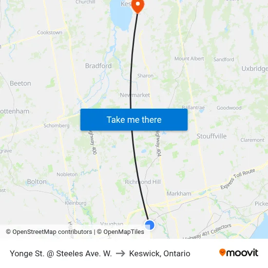 Yonge St. @ Steeles Ave. W. to Keswick, Ontario map