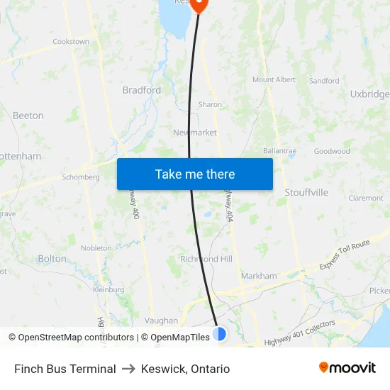 Finch Bus Terminal to Keswick, Ontario map