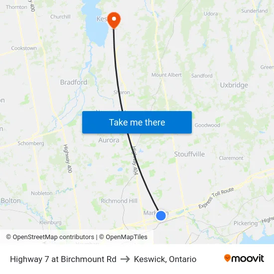 Highway 7 at Birchmount Rd to Keswick, Ontario map