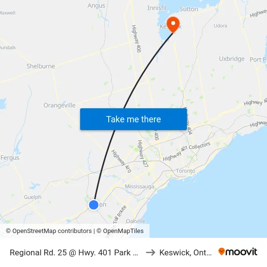 Regional Rd. 25 @ Hwy. 401 Park & Ride to Keswick, Ontario map
