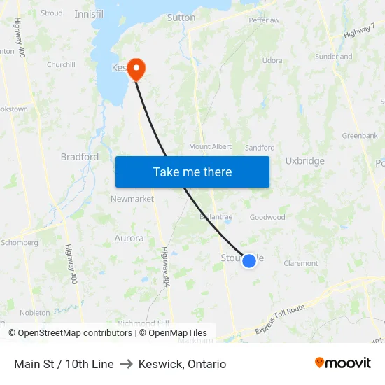 Main St / 10th Line to Keswick, Ontario map