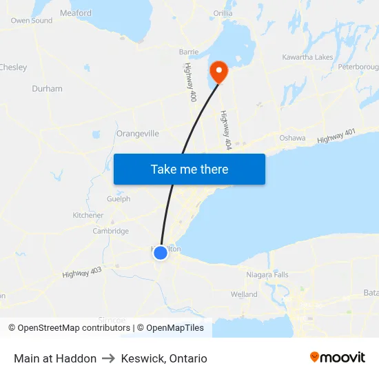 Main at Haddon to Keswick, Ontario map
