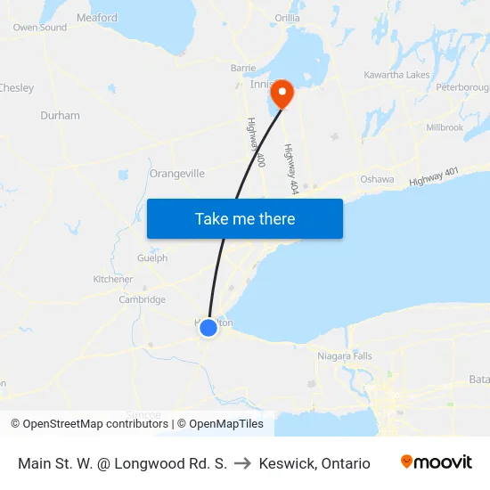 Main St. W. @ Longwood Rd. S. to Keswick, Ontario map