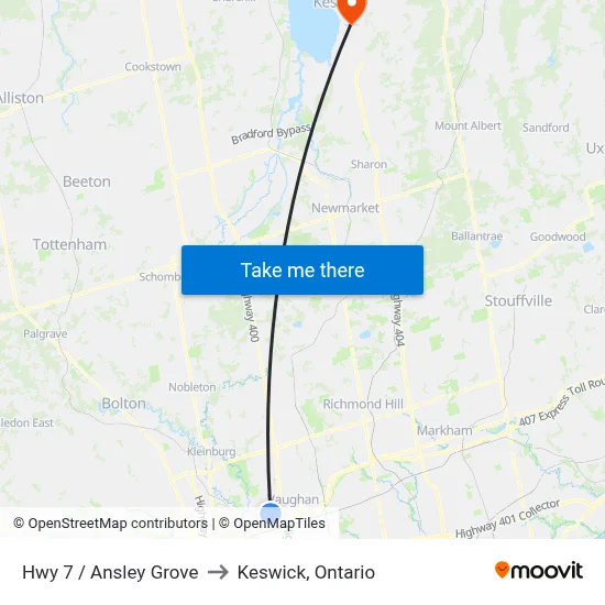 Hwy 7 / Ansley Grove to Keswick, Ontario map