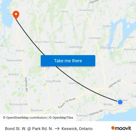 Bond St. W. @ Park Rd. N. to Keswick, Ontario map