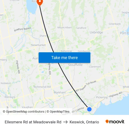 Ellesmere Rd at Meadowvale Rd to Keswick, Ontario map