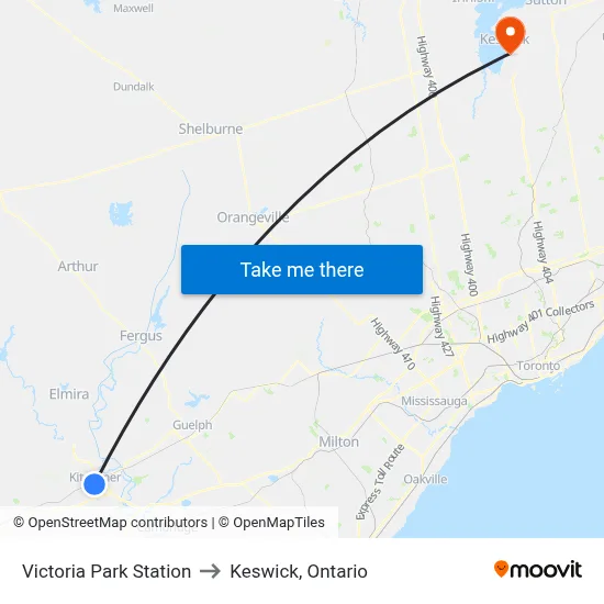 Victoria Park Station to Keswick, Ontario map