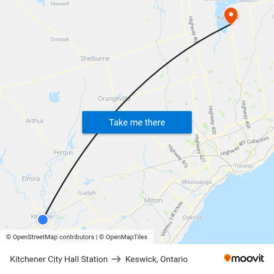 Kitchener City Hall Station to Keswick, Ontario map