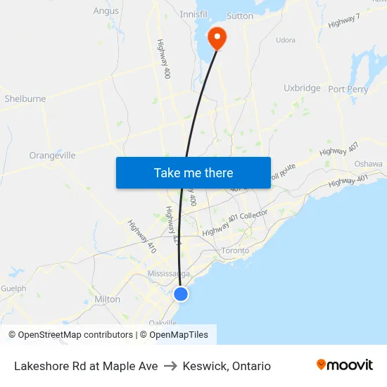 Lakeshore Rd at Maple Ave to Keswick, Ontario map