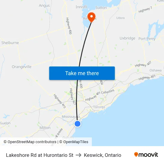 Lakeshore Rd at Hurontario St to Keswick, Ontario map