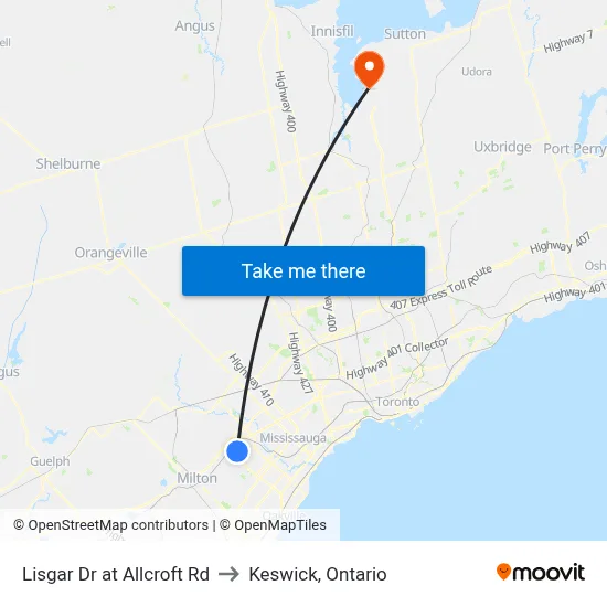 Lisgar Dr at Allcroft Rd to Keswick, Ontario map
