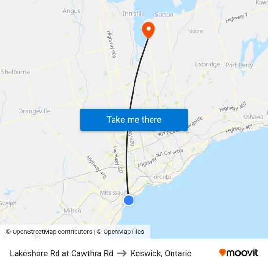 Lakeshore Rd at Cawthra Rd to Keswick, Ontario map
