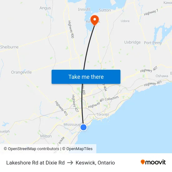 Lakeshore Rd at Dixie Rd to Keswick, Ontario map