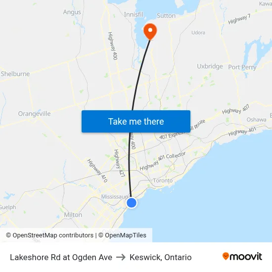 Lakeshore Rd at Ogden Ave to Keswick, Ontario map