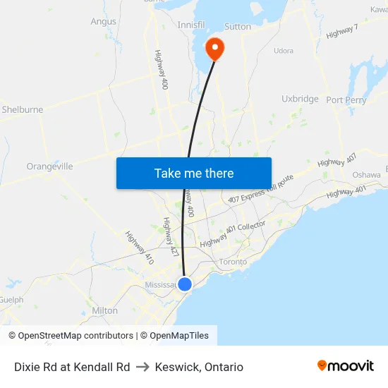Dixie Rd at Kendall Rd to Keswick, Ontario map