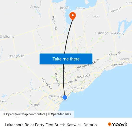 Lakeshore Rd at Forty-First St to Keswick, Ontario map