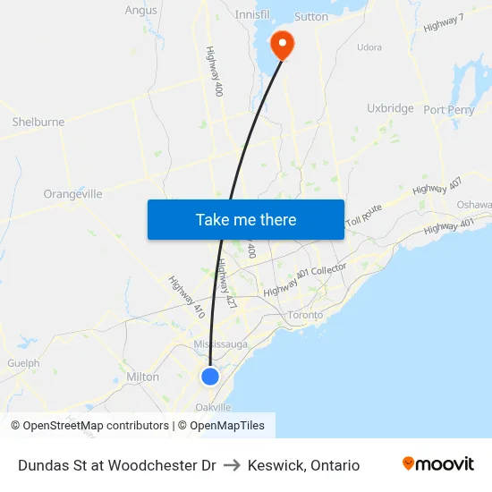 Dundas St at Woodchester Dr to Keswick, Ontario map