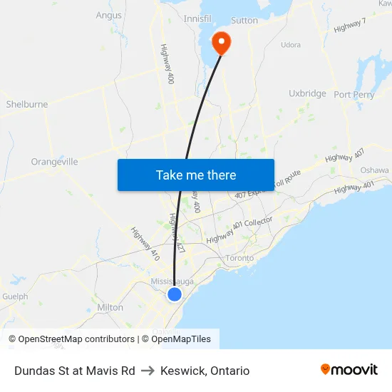 Dundas St at Mavis Rd to Keswick, Ontario map