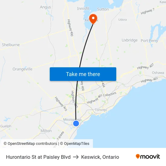 Hurontario St at Paisley Blvd to Keswick, Ontario map