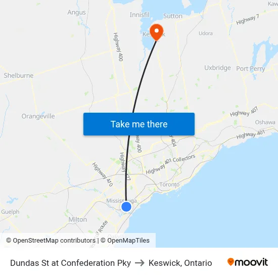Dundas St at Confederation Pky to Keswick, Ontario map
