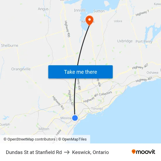 Dundas St at Stanfield Rd to Keswick, Ontario map