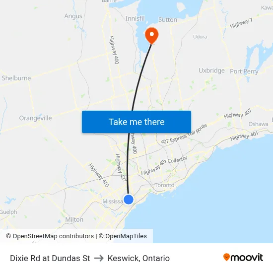 Dixie Rd at Dundas St to Keswick, Ontario map