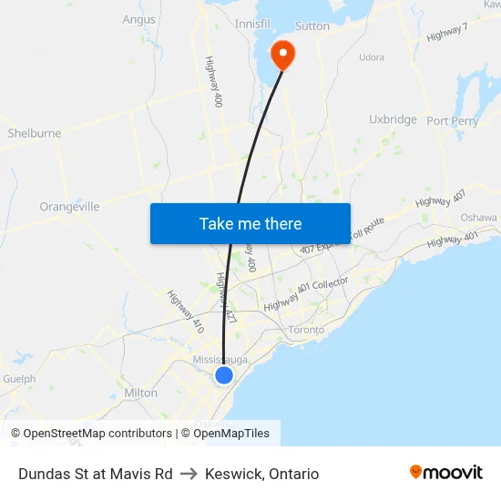 Dundas St at Mavis Rd to Keswick, Ontario map