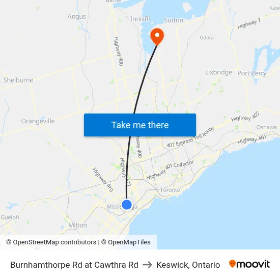 Burnhamthorpe Rd at Cawthra Rd to Keswick, Ontario map