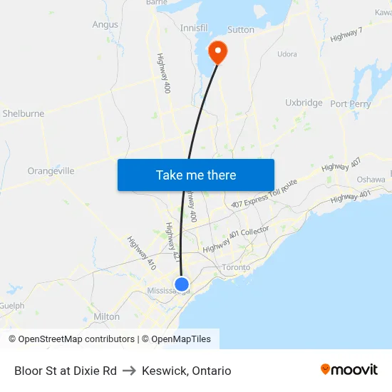Bloor St at Dixie Rd to Keswick, Ontario map