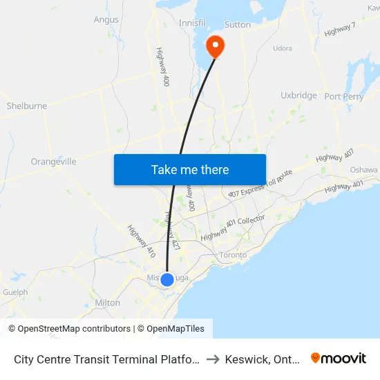 City Centre Transit Terminal Platform F to Keswick, Ontario map