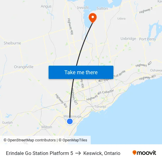 Erindale Go Station Platform 5 to Keswick, Ontario map