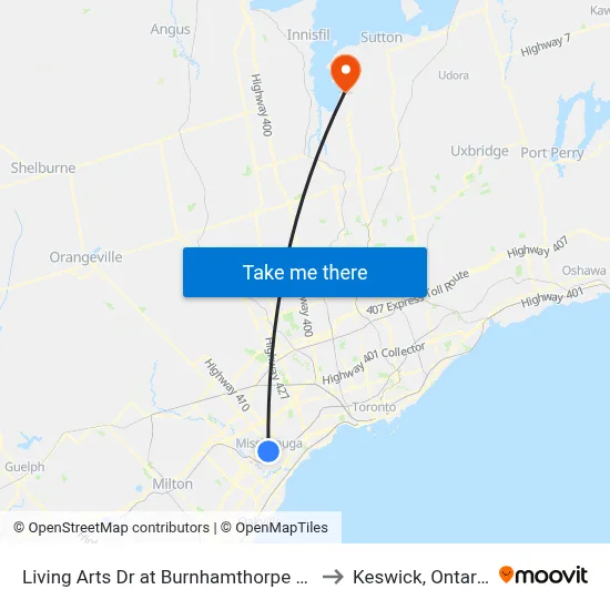 Living Arts Dr at Burnhamthorpe Rd to Keswick, Ontario map