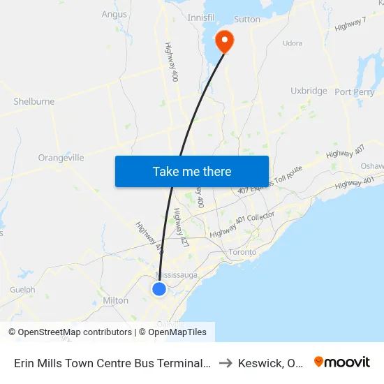 Erin Mills Town Centre Bus Terminal Platform C to Keswick, Ontario map