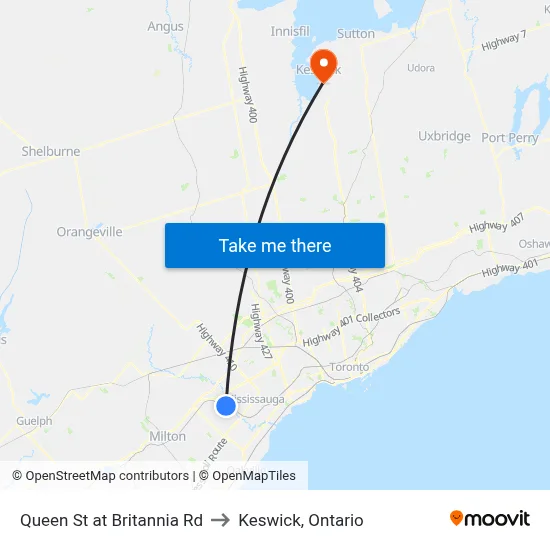 Queen St at Britannia Rd to Keswick, Ontario map