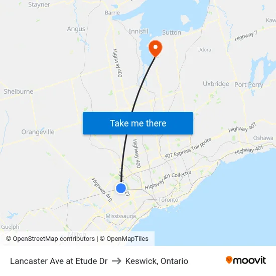 Lancaster Ave at Etude Dr to Keswick, Ontario map